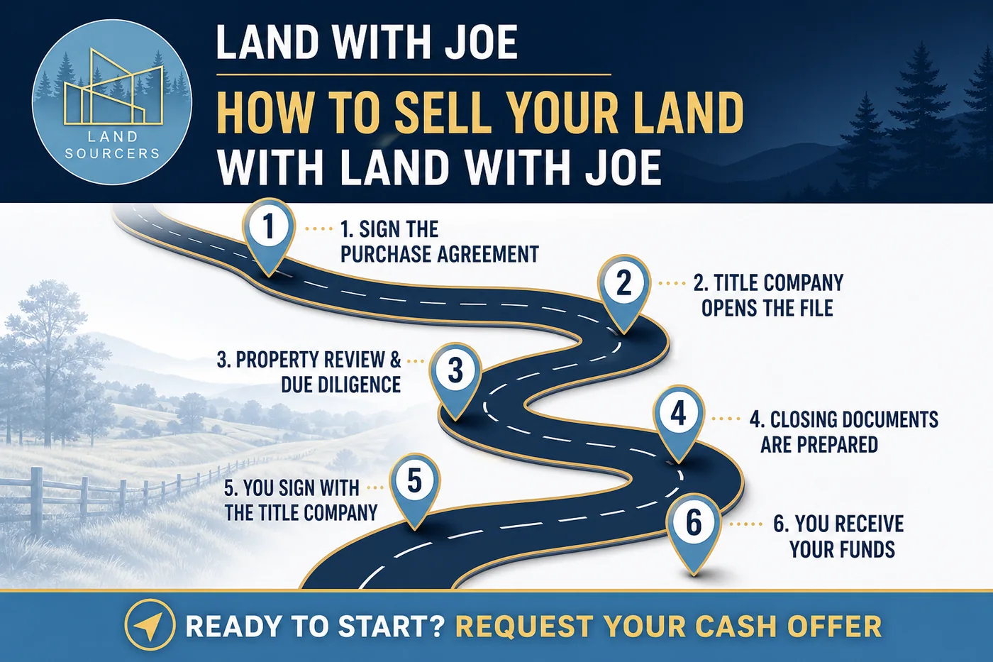 Six-step Land With Joe customer journey from signing the purchase agreement through receiving your funds