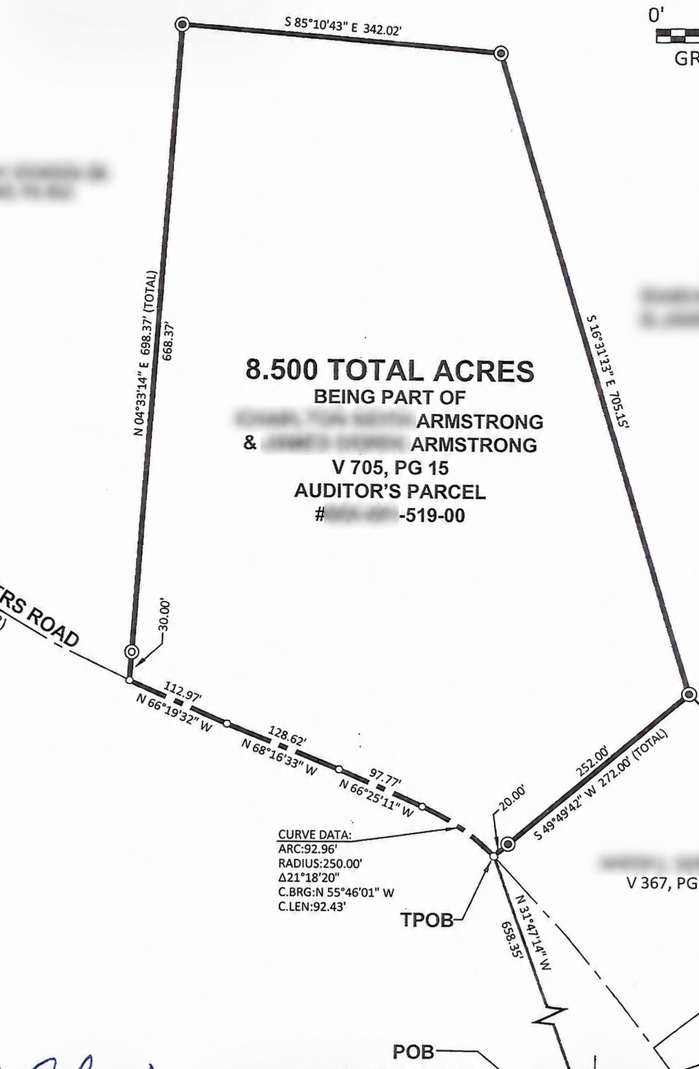 Privacy-redacted survey showing the boundaries and 8.500-acre total for the portion Charlton sold