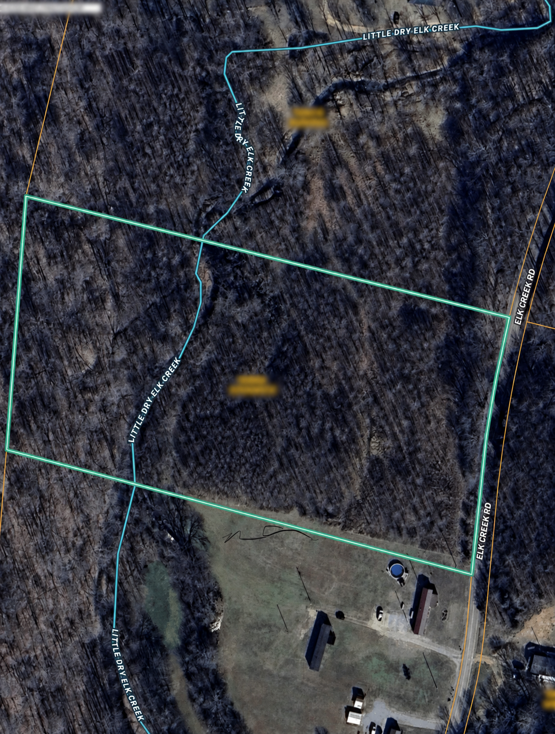 Privacy-redacted aerial parcel map showing the wooded Cumberland County acreage near Elk Creek Road