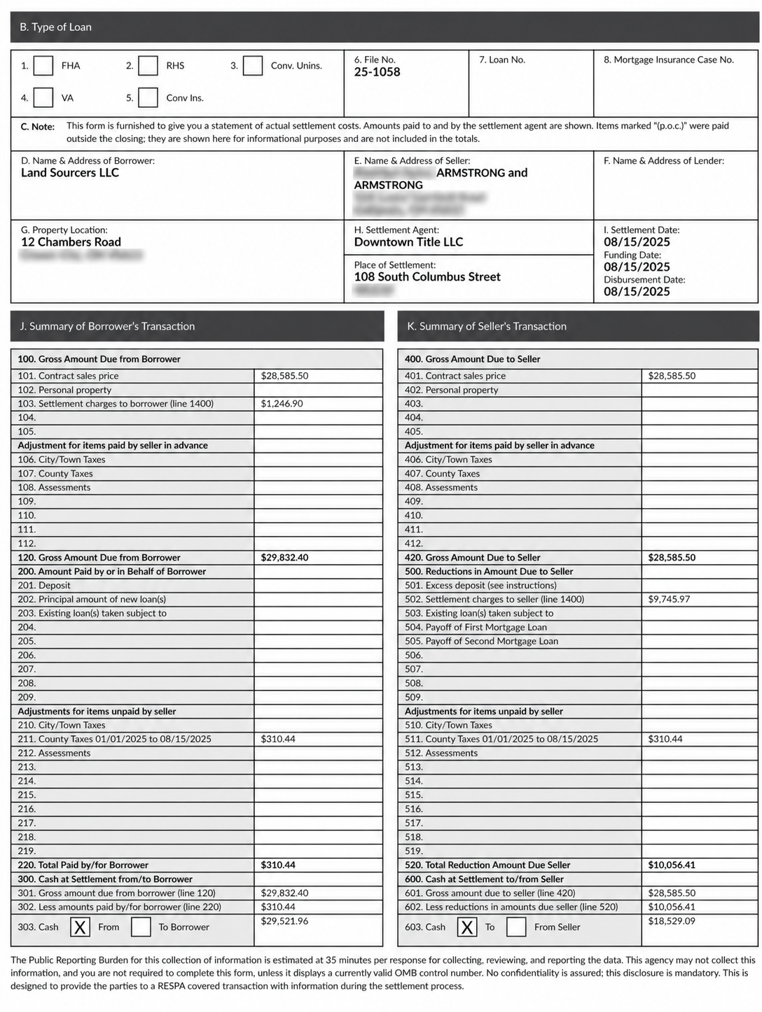 Privacy-redacted settlement statement documenting Land Sourcers LLC’s cash purchase of Charlton’s land