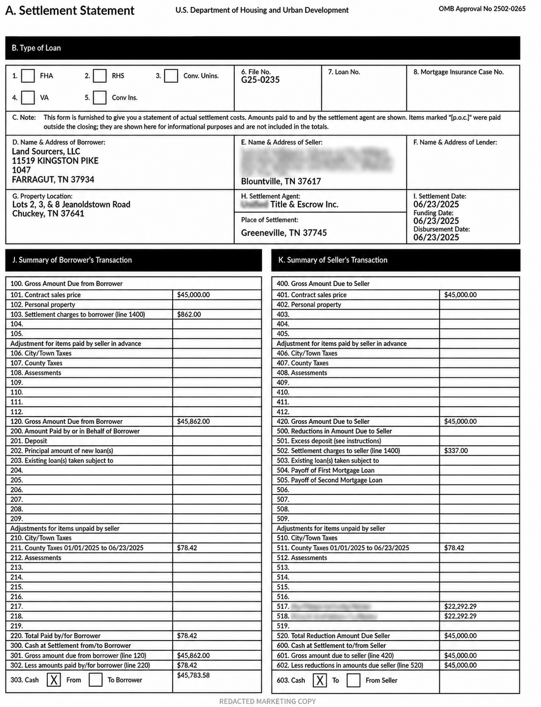 Redacted settlement statement documenting the $45,000 Chuckey, Tennessee land purchase